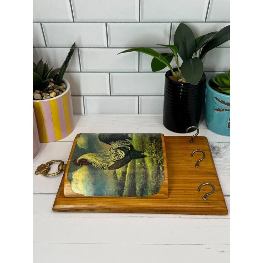 Vintage Wooden Wall Key Holder With Rooster Design & Top Hanger 3 Hooks